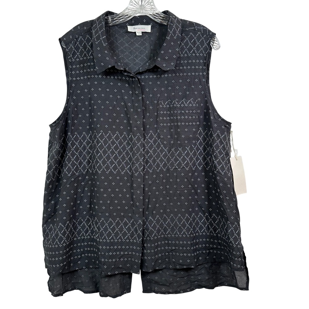 Two by Vince Camuto Sleeveless Button Down Shirt XL Black Geometric High-Low NEW